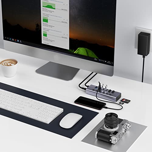 Powered USB Hub with TF/SD Card Reader, 8-Port USB 3.0 Hub with 6 USB 3.0 Data Ports, USB Spilter with Individual On/Off Switches，Aluminum USB Hub with AC Adapter for PC, Desktop, MacBook