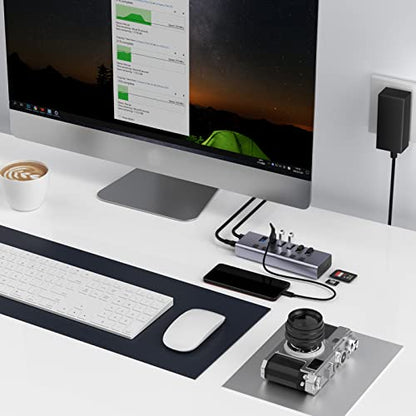 Powered USB Hub with TF/SD Card Reader, 8-Port USB 3.0 Hub with 6 USB 3.0 Data Ports, USB Spilter with Individual On/Off Switches，Aluminum USB Hub with AC Adapter for PC, Desktop, MacBook