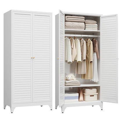 Steeloong 71"Armoire Wardrobe Close,White Wardrobe Cabinet with Hanging Rod | Metal Closet Cabinet with Doors and Adjustable Shelves,Freestanding Clothing Storage Cabinets for Bedroom Office,Gym,Hospital - color: White, style: 71"H Wardrobe