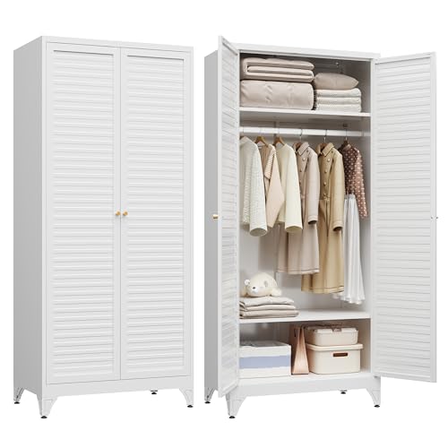 Steeloong 71"Armoire Wardrobe Close,White Wardrobe Cabinet with Hanging Rod | Metal Closet Cabinet with Doors and Adjustable Shelves,Freestanding Clothing Storage Cabinets for Bedroom Office,Gym,Hospital - color: White, style: 71"H Wardrobe