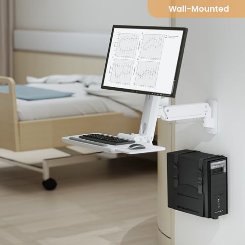MED02 Medical Wall Mount Workstation with Folding Keyboard Tray | Large Sliding Mouse Pad | Height Adjustment Space Save Folding Design for 17"-35" Screen | Scanner Holder With CPU Wall Mount