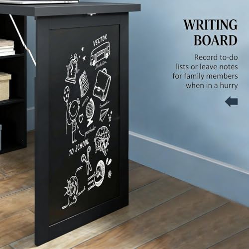 Folding Wall Mounted Murphy Desk with Storage & Bookcase(Black) | Expandable Hidden Computer Desk with Blackboard, Foldable Space Saving Office Table Pull Out Murphy Table for Small Spaces - color: Black