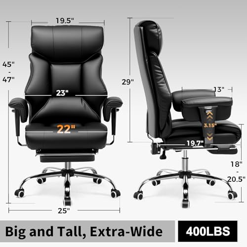 COMHOMA Big and Tall Office Chair 400lbs High Back Computer Gaming Chair with Ergonomic Lumbar Support & Pocket Spring Cushion for Lower Back Pain Relief, Leather Executive Chair with Foot Rest, Black - color: Ergo-black