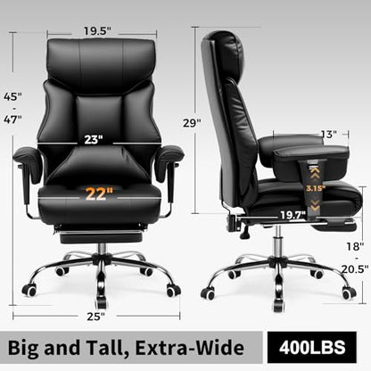 COMHOMA Big and Tall Office Chair 400lbs High Back Computer Gaming Chair with Ergonomic Lumbar Support & Pocket Spring Cushion for Lower Back Pain Relief, Leather Executive Chair with Foot Rest, Black - color: Ergo-black