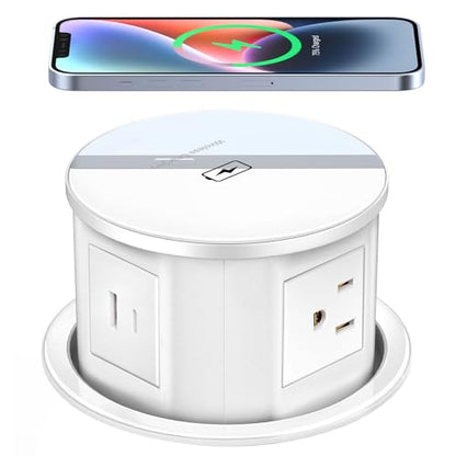 XBA Pop Up Outlet with 15W Wireless Charger, 4 AC Plug 1 USB-A and 1 USB-C, Electrical Desk Power Grommet for Kitchen Countertop, 4-3/4'' Hidden Recessed Power Strip for Home Office (White) - color: White