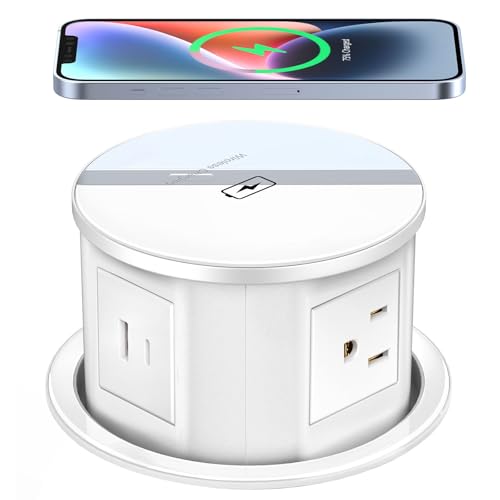 XBA Pop Up Outlet with 15W Wireless Charger, 4 AC Plug 1 USB-A and 1 USB-C, Electrical Desk Power Grommet for Kitchen Countertop, 4-3/4'' Hidden Recessed Power Strip for Home Office (White) - color: White