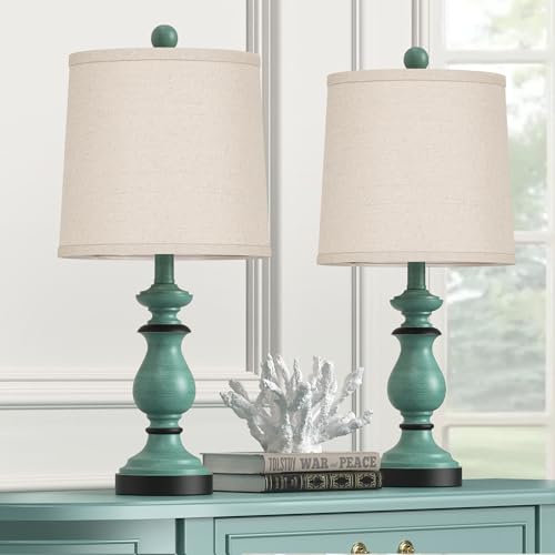 Traditional Table Lamp Set of 2, Rustic Farmhouse Table Lamps for Living Room Bedroom, 22" Bedside Desk Lamps Vintage Nightstand Lamps with Linen Shades, Green - color: Antique Green