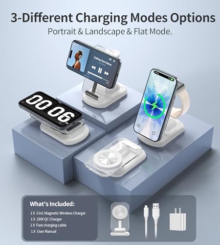 Mukiya 3 in 1 Magnetic Wireless Charging Station for Apple Devices | Fast Travel Charger Stand with Night Light for MagSafe-enabled iPhone 17 16 15 14 13 12 Series, Apple Watch/AirPods Pro, WH - color: White