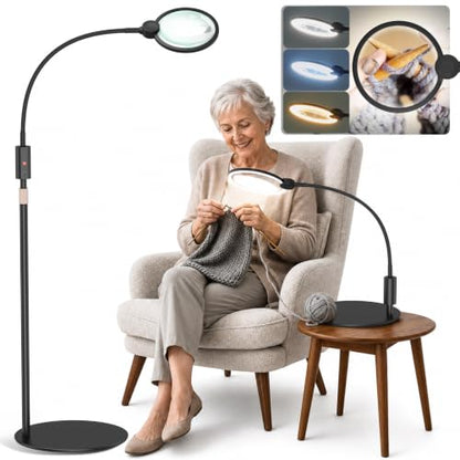 Rechargeable Cordless Floor Magnifying Glass with Light and Stand | 2-in-1 Floor & Desk Magnifying Lamp, 48 LED 3 Light Modes, Flexible Gooseneck, Hands-Free for Seniors Reading, Crafts, Sewing