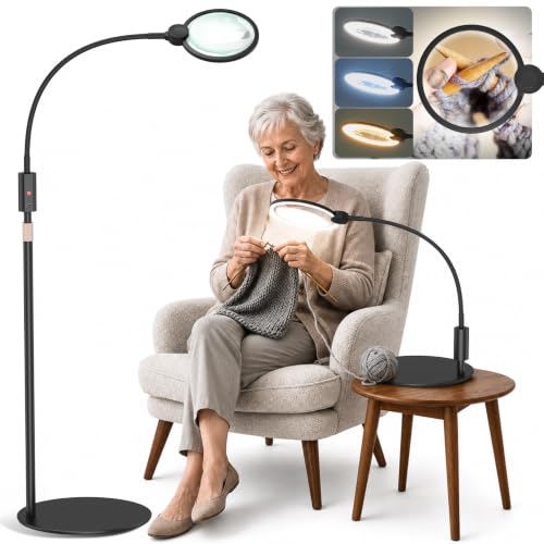 Rechargeable Cordless Floor Magnifying Glass with Light and Stand | 2-in-1 Floor & Desk Magnifying Lamp, 48 LED 3 Light Modes, Flexible Gooseneck, Hands-Free for Seniors Reading, Crafts, Sewing