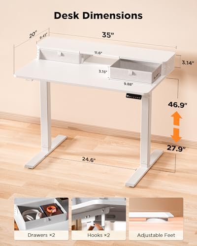 FiCiHi 35x20 Inch Electric Standing Desk, 2 Drawers, Adjustable Height Desk - color: White, size: 35"x20" (Standard)