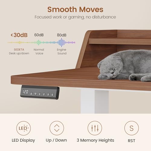 SEDETA Standing Desk with Storage, 55" Fluted Stand Up Desk with Power Outlets & LED Lights, Height Adjustable Table with Monitor Shelf for Home Office, Gaming, Brown + White - color: Brown + White