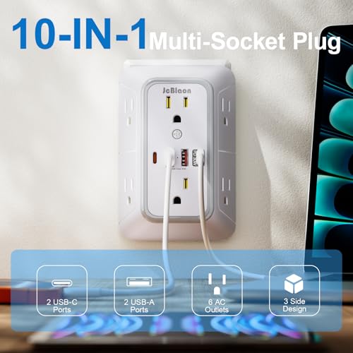 JcBlaon Surge Protector Outlet Extender 6 Outlet Extender with 4 USB Ports (PD 30W), 3 Sided 1050J Multi Plug Wall Adapter Power Strip for Home Travel Office Essentials-ETL - color: White PD30W 1PC