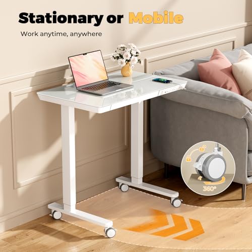32" Glass Standing Desk with Drawer, Small Electric Desk - color: White Glass-top, size: 32"