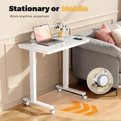 32" Glass Standing Desk with Drawer, Small Electric Desk - color: White Glass-top, size: 32"