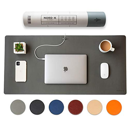 Nordik Leather Desk Mat - Alaskan Gray - Large Leather Desk Pad (35x17 in) | Premium Vegan Leather Desk Pad with Cable Organizer, Giftable, Extended Waterproof Mouse Mat, Non-Slip Desk Pad Protector - color: Alaskan Gray