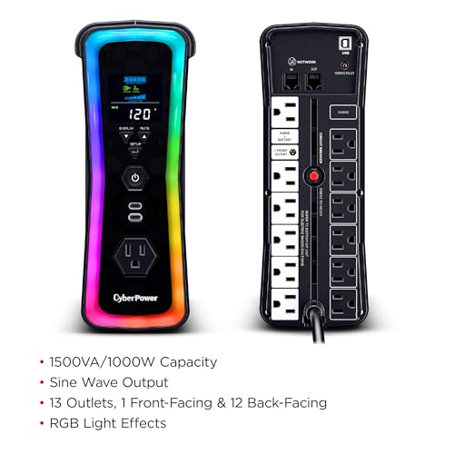 CyberPower GX150C2-E Gaming UPS Battery Backup and Surge Protector | 1500VA/1000W, RGB Lighting, 13 Outlets, USB‑C Charging, UL Certified