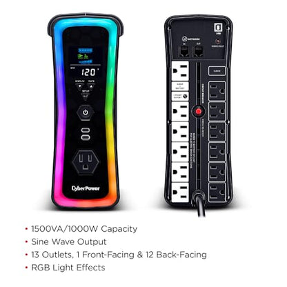 CyberPower GX150C2-E Gaming UPS Battery Backup and Surge Protector | 1500VA/1000W, RGB Lighting, 13 Outlets, USB‑C Charging, UL Certified