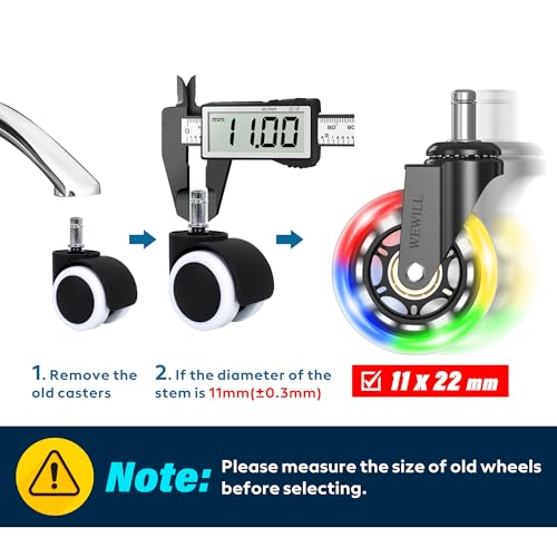 WEWILL RGB Chair Caster Wheels, Self-Lit No Batteries, 3" PU Rubber (5-Pack), Heavy Duty 325kg/715lb, Universal 11x22mm Stem, Quiet for Carpet/Hardwood (Not IKEA) - color: Colorful