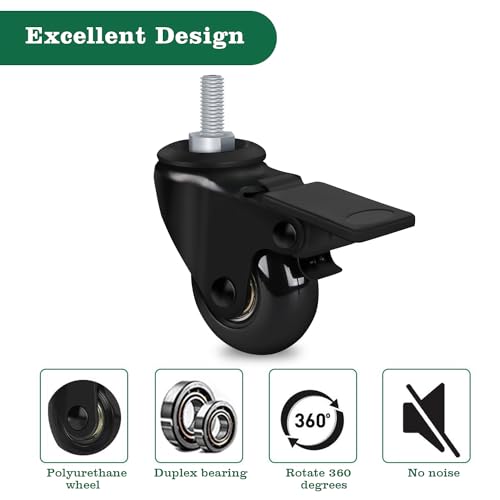 8T8 Replacement Office Chair Wheels 2 inch PU Caster Wheels with Brakes, Set of 5, Heavy Duty Casters with Threaded Stem 5/16"-18x1, Quiet and Smooth Rolling, Safe for Wood Hardwood Floors