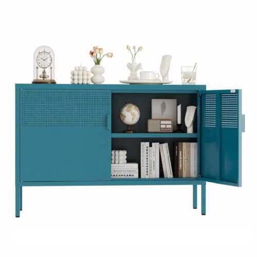 Metal Storage Cabinet,2 Door TV Stand, Metal Mesh Accent Cabinet | Magnetic Door Closure,Low Storage Cabinets with Doors and Shelf for Home,Office,Living Room - color: Blue, size: 25"H