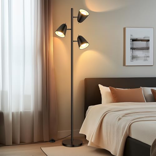 QiMH Tree Floor Lamp with 3 Light Bulbs, Standing Tall Pole Lamps for Living Room Bedroom Office, Reading Stand up Lamps with 3 Adjustable Arms, Black - color: Black