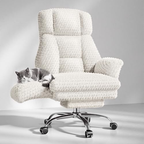 Big and Tall Office Chair, Flip Armrests for Pets & Cross Legged Sitting | Executive Ergonomic Computer Gaming Chair with Foot Rest, White Rose Velvet Wide Seat Reclining Desk Chair - color: White Rose Velvet