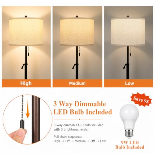 61-69" Adjustable Floor Lamp, Tall Standing Lamp, 3Way Bulb, Pull Chain