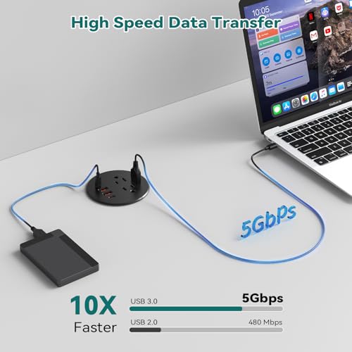 QBA Recessed Power Grommet with USB Data Transfer, Desk Charging Station with USB-C 35W，2 AC Outlets, 3 Inch Flush Mount Power Outlet for Home Office Furniture - color: Black-USB Data Transfer