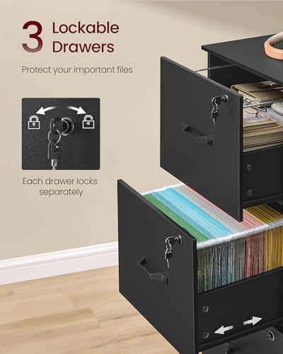VASAGLE 3 Drawer File Cabinet with Locks, for A4, Letter Sized Documents - color: Ink Black, size: 3 Drawers