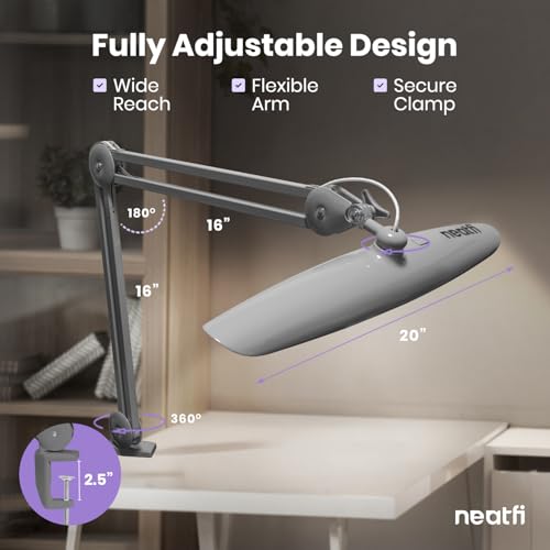 Neatfi LED Desk Lamp, 2200 Lumens, 24W, 20-Inch Wide Head (Silver) - color: Silver, size: Non-CCT with Clamp