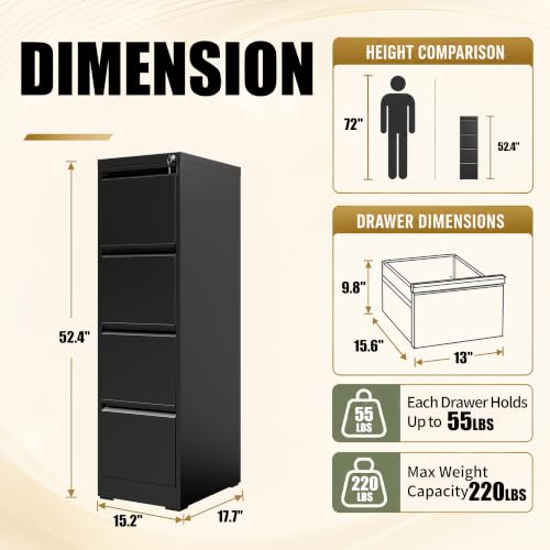 4 Drawer File Cabinet for Home Office, Vertical Filing Cabinet - color: Black, size: 52.3"H - 4 Drawer