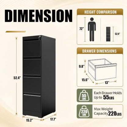 4 Drawer File Cabinet for Home Office, Vertical Filing Cabinet - color: Black, size: 52.3"H - 4 Drawer