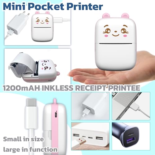 Sticker Printer with 10 PaperRolls ，Mini Portable Thermal Printing Pod， Ink-Free Bluetooth Label Maker Perfect Girls, DIY Crafts, Journals, Photos, Office & Home Use Printing Gift (Pink) - color: Pink