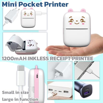 Sticker Printer with 10 PaperRolls ，Mini Portable Thermal Printing Pod， Ink-Free Bluetooth Label Maker Perfect Girls, DIY Crafts, Journals, Photos, Office & Home Use Printing Gift (Pink) - color: Pink