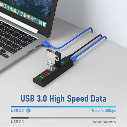 USB Hub, Aiibe 6 Ports Super High Speed USB 3.0 Hub Splitter + 24W Power Adapter + USB 3.0 Cable, Black Smart Fast Charger Powered USB Hub for Laptop, Mac, PC, Mobile HDD, Mulitple Devices - color: Black 6 Port