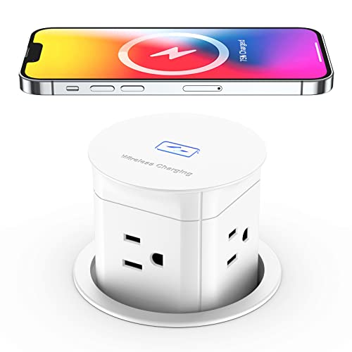 Jgstkcity Pop Up Outlet with 15W Wireless Charger,4 Outlets 15A, Splash Resistant,3 inch Desk Hole Power Grommet,Space Saver Outlet for Kitchen Countertop,Office Conference Table,ETL Listed - color: White
