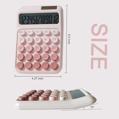 Desk Calculator, Cute 12 Digits Large LCD Display Merchanical Calculator Big Buttons for School,Office,Home,Business, Solar and Battery Dual Power, Battery Include (Pink) - color: Pink