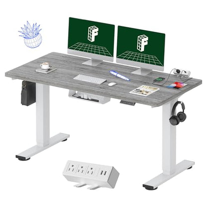 FLEXISPOT EN2 55"x28" Whole-Piece Standing Desk with Power Strip | Whole-Piece Desktop, Easy-Access Clamp Power Strip, Organized Cable Management, Modern Home Office Setup, Gray Wood Grain - color: Gray Wood Grain + White Frame, size: 55x28"