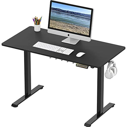 SHW 48-Inch Electric Height Adjustable Sit to Stand Desk, Black | with Hanging Hooks and Cable Management, Black Frame and Black Top - color: Black, size: 48-Inch