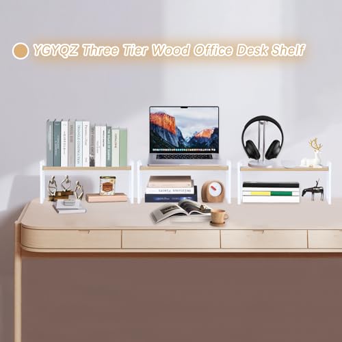 YGYQZ Desk Shelf Organizer for Top of Desk, 3-Tier Desktop Bookshelf, White & Wood - color: 3-tier White/Wood