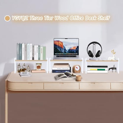 YGYQZ Desk Shelf Organizer for Top of Desk, 3-Tier Desktop Bookshelf, White & Wood - color: 3-tier White/Wood