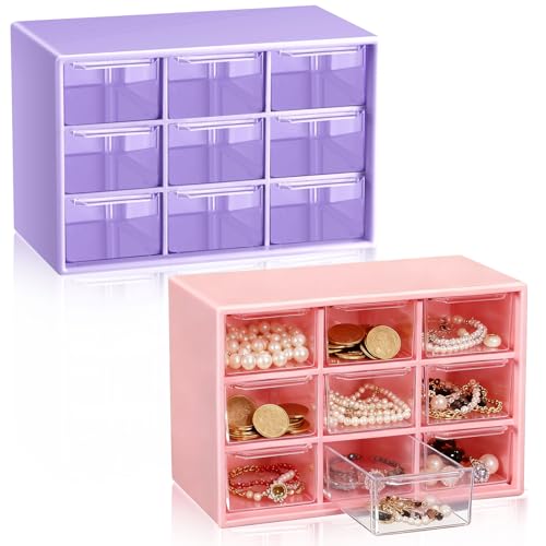 Wenqik 2 Pcs Mini Storage Drawers with 9 Clear Drawers,Purple, Pink - color: Purple, Pink