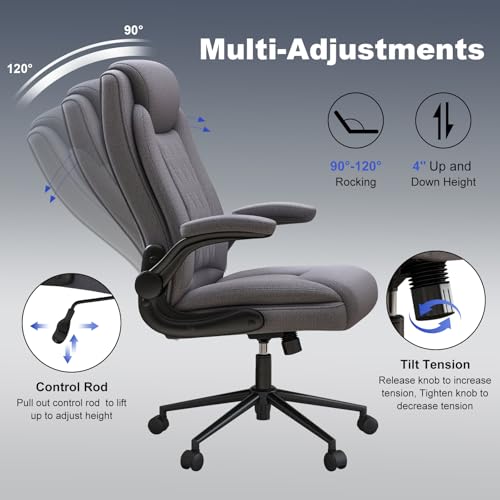 ralex-chair Big and Tall Office Chair -500 lb Heavy Duty Office Chair for Big Man, Fabric High Back Executive Office Desk Chair with 120° Tilt Rock,Computer Desk Chair with flip up arm - Grey - color: Grey, size: set of 1