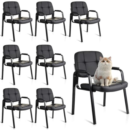 CLATINA Waiting Room Guest Chair, Leather Stationary Office Reception Chairs No Wheel, Comfy Padded Arms, for Conference Room Lobby Home Computer Desk Bedroom Elderly, Black 8 Pack - color: Black, size: 8 Pack