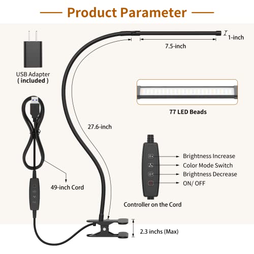 iZELL LED Desk Lamp for Home Office with Clamp [77 LEDs Light 3 Color Modes & 10 Brightness Levels] Flexible Gooseneck Book Lights, Easy Clip on Reading Headboard - style: 1 LED Lamp