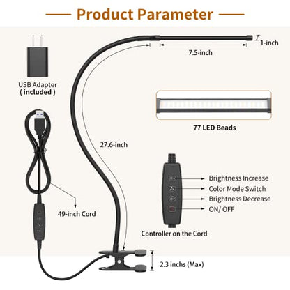 iZELL LED Desk Lamp for Home Office with Clamp [77 LEDs Light 3 Color Modes & 10 Brightness Levels] Flexible Gooseneck Book Lights, Easy Clip on Reading Headboard - style: 1 LED Lamp