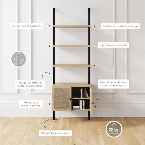 Nathan James Theo Industrial Open Shelf Bookcase with Accent Rattan Drawers Light Oak Wood, Matte Black Frame, Set of 3 - color: Theo Light Oak/Black, size: Set of 3