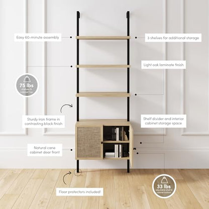 Nathan James Theo Industrial Open Shelf Bookcase with Accent Rattan Drawers Light Oak Wood, Matte Black Frame, Set of 3 - color: Theo Light Oak/Black, size: Set of 3