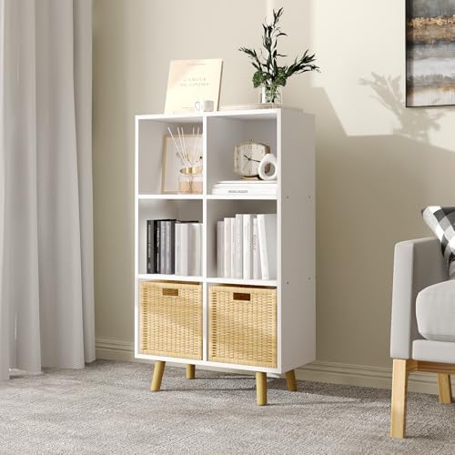 6-Cube Open Shelf Bookcase - 3-Tier Wooden Floor-Standing Bookshelf with Legs and Backpanel, Ideal for 11-inch Fabric Storage Bins and Miscellaneous Organizer, White - color: White, size: 6-Cube